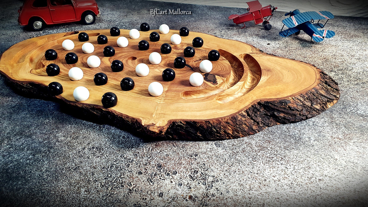 Marble Solitaire Game Board With 36 Glass Balls Handmade Olive Wood customizable, Vintage Classic Solitaire Board Game, Classic Board Game