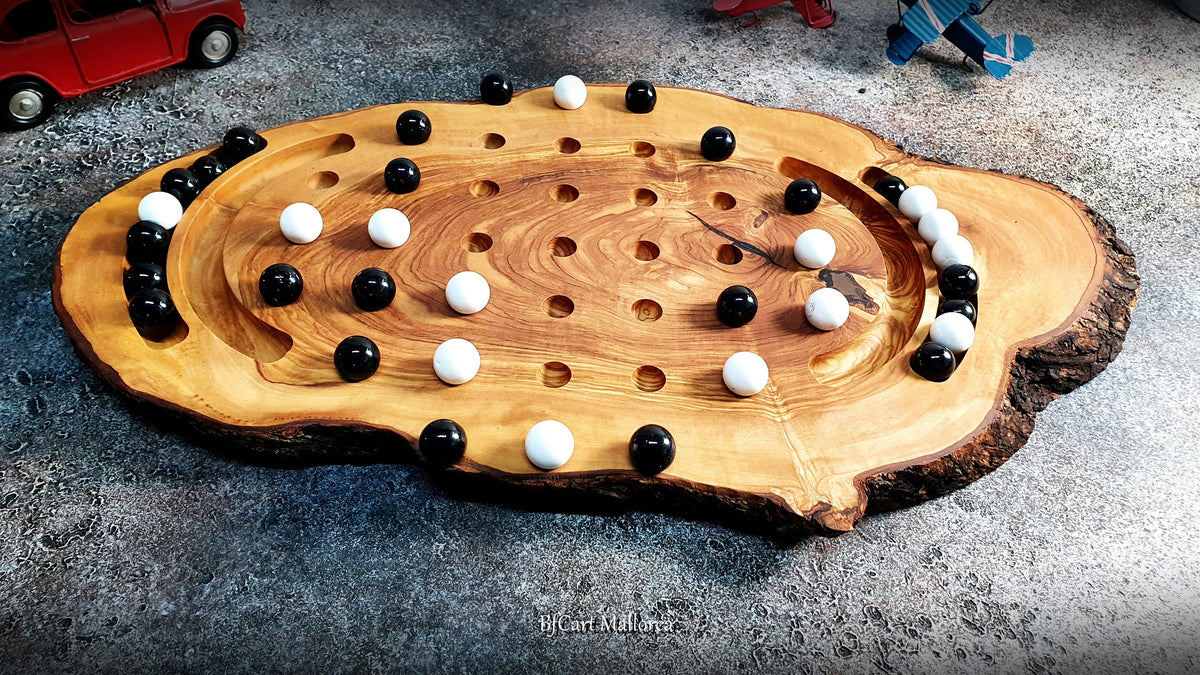 Marble Solitaire Game Board With 36 Glass Balls Handmade Olive Wood customizable, Vintage Classic Solitaire Board Game, Classic Board Game