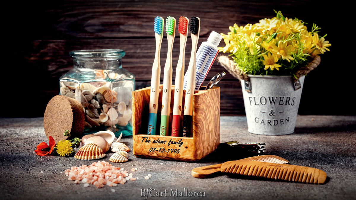 Personalized Olive Wood Toothbrush Holder with Bamboo Toothbrushes
