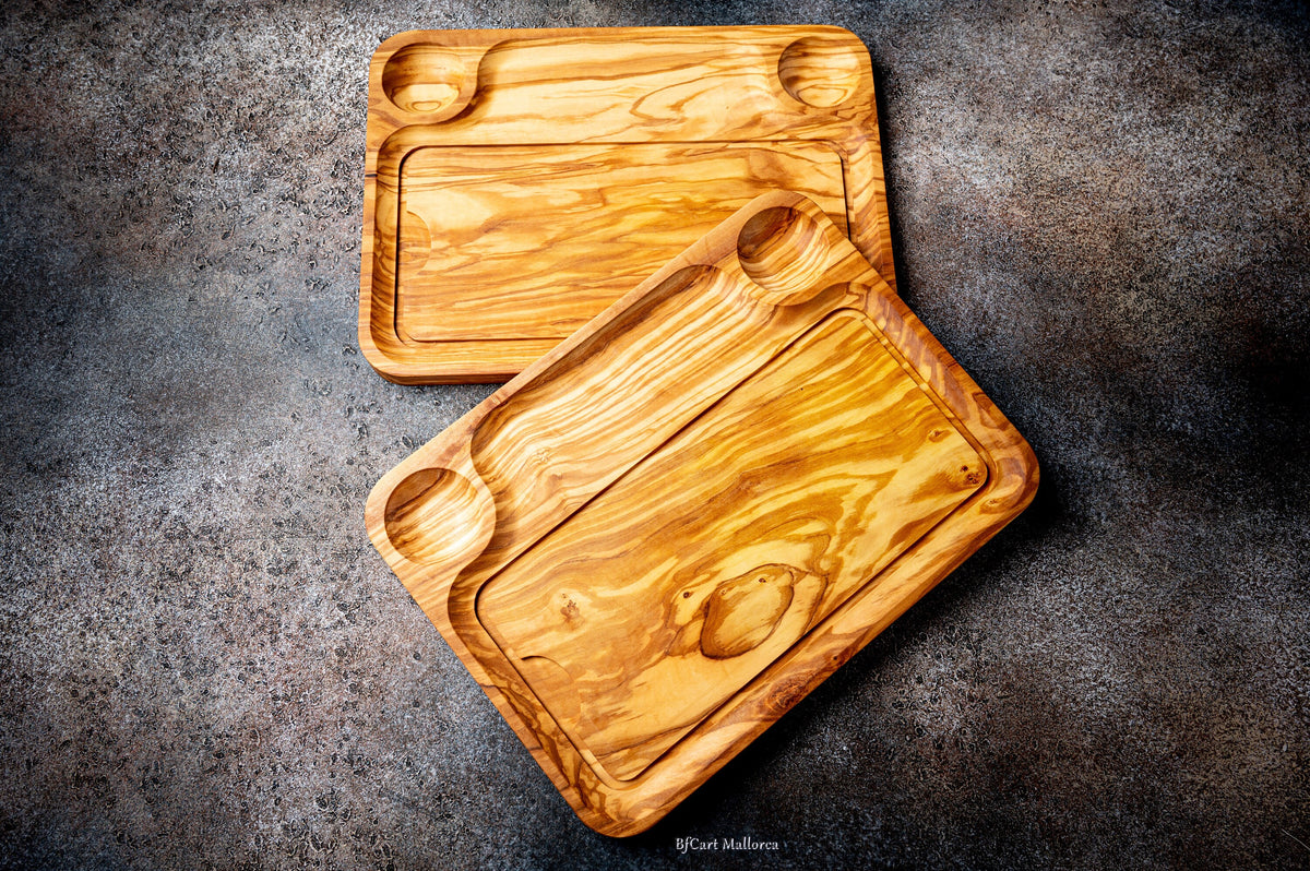 Set of 4 Steak Boards for Meat and Barbecues, Steak Plate set with Juice Channel, Olive Wood Meat Plate, BBQ Meals Serving Board Grill Plate