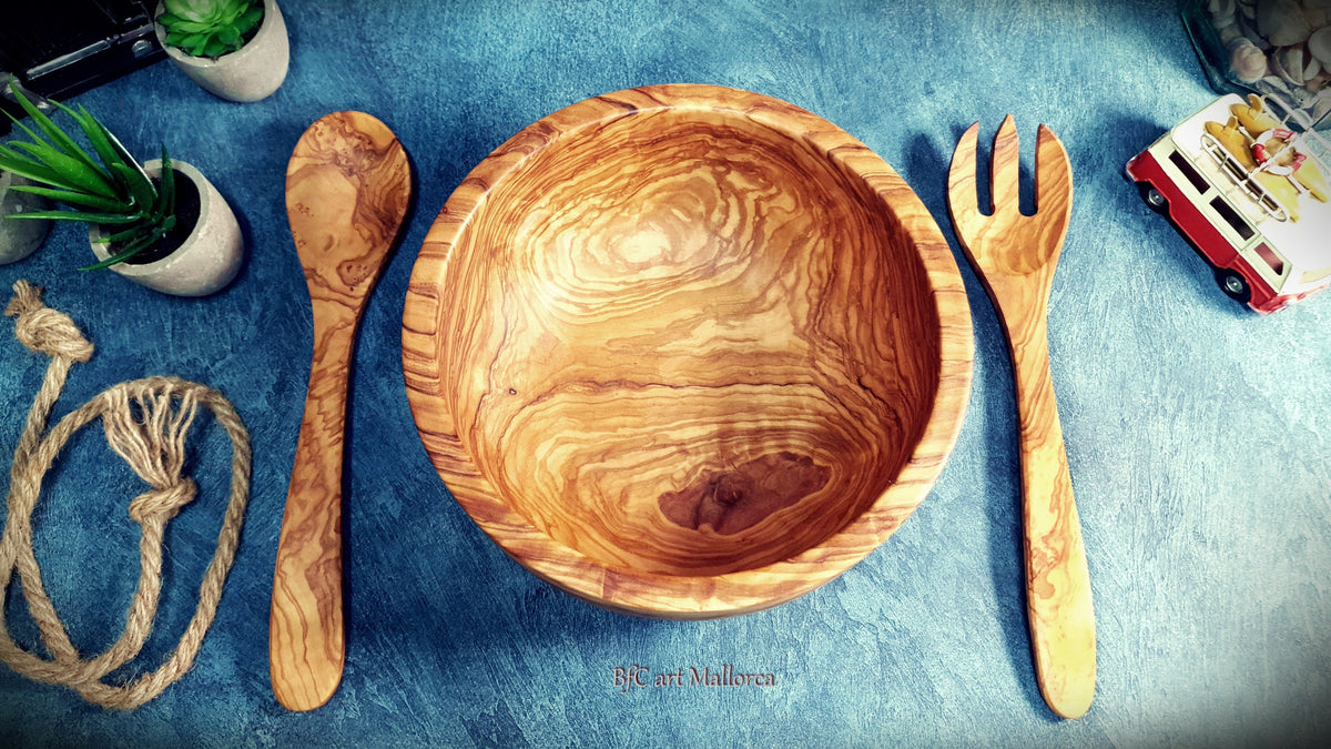 Handcrafted Olive Wood Salad Bowl Set with Spoon and Fork