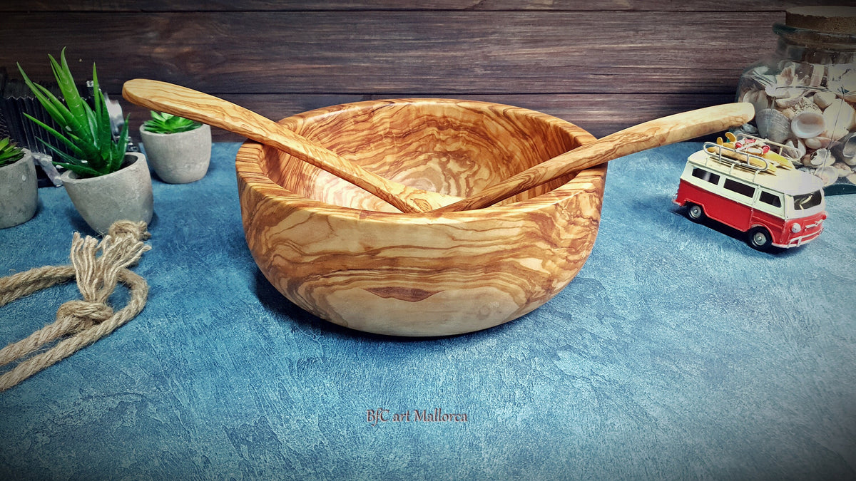 Handcrafted Olive Wood Salad Bowl Set with Spoon and Fork