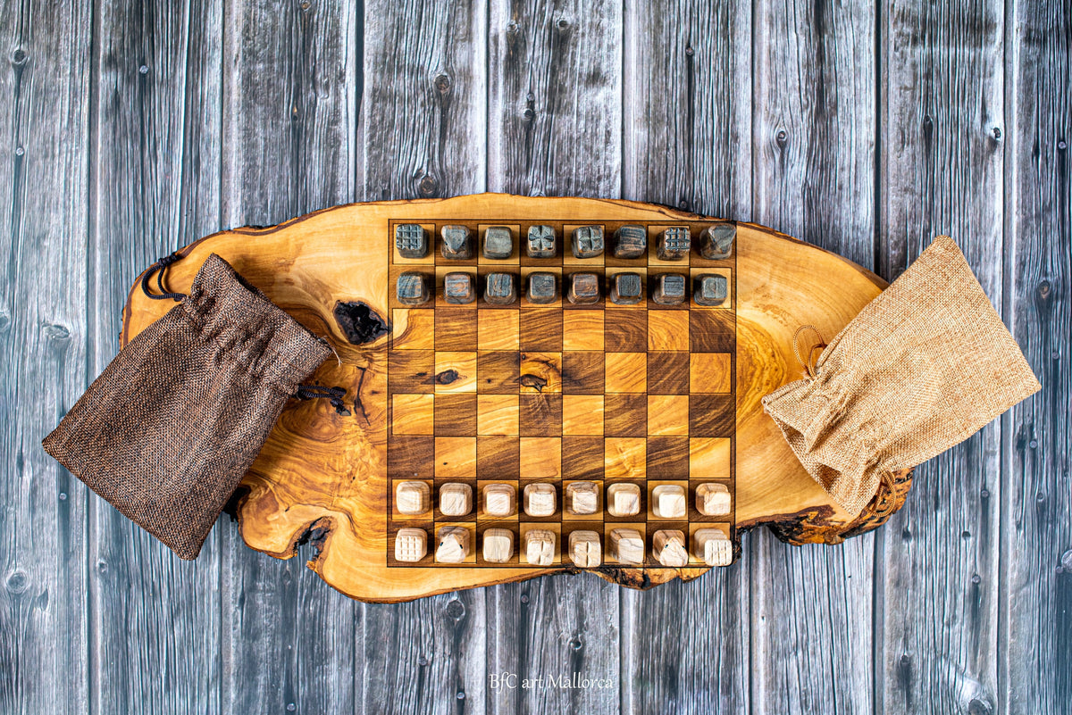 Handmade Olive Wood Chess Set, Rustic Live Edge Chess Board, Premium Wooden Board Game, Gift for Him