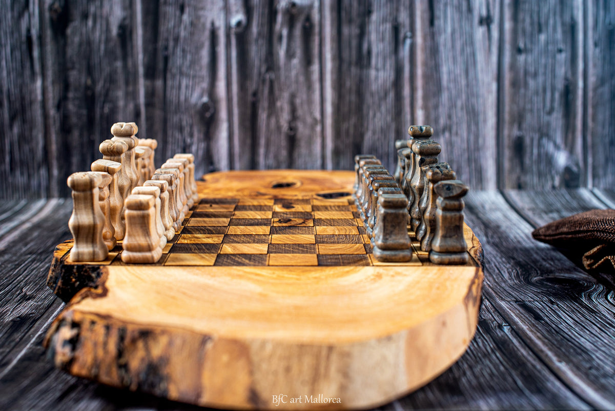 Handmade Olive Wood Chess Set, Rustic Live Edge Chess Board, Premium Wooden Board Game, Gift for Him