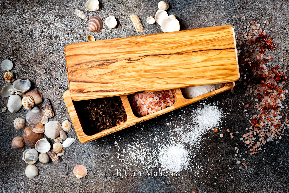 Handmade Olive Wood Salt Box, 3-Compartment Spice Storage