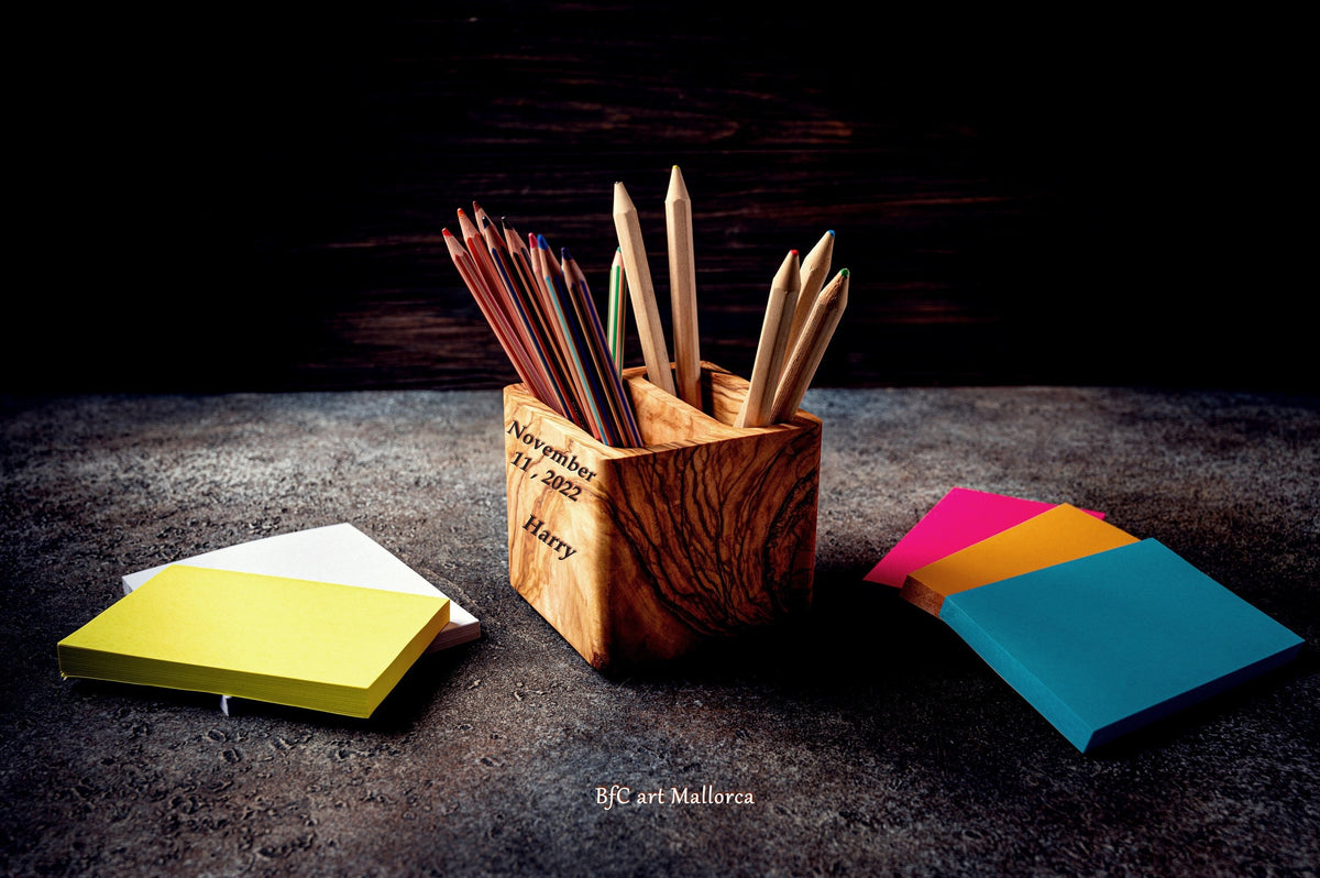 Custom Olive Wood Pencil Holder: Personalized Desk Organizer