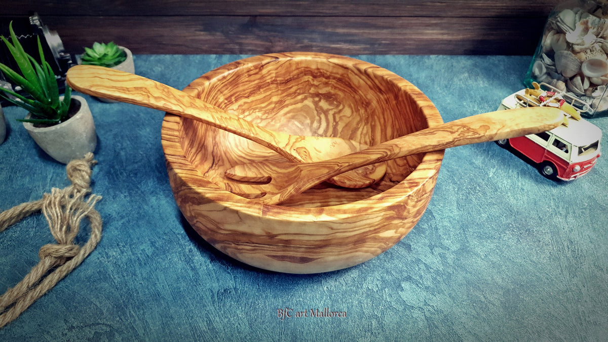 Handcrafted Olive Wood Salad Bowl Set with Spoon and Fork