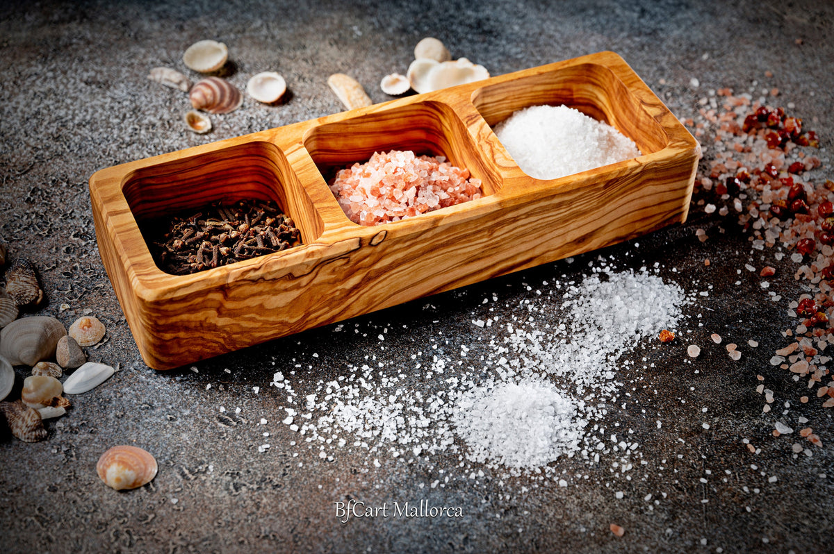 Handmade Olive Wood Salt Box, 3-Compartment Spice Storage