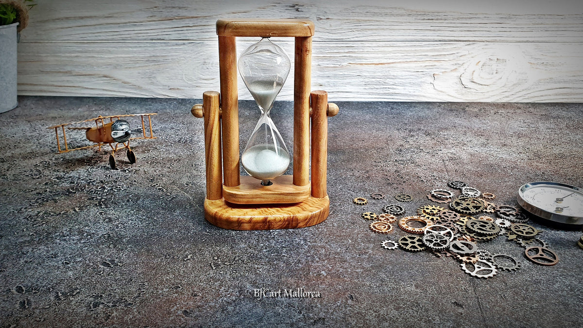 Rotating Olive Wood Sand Timer: Customizable 3-Minute Hourglass