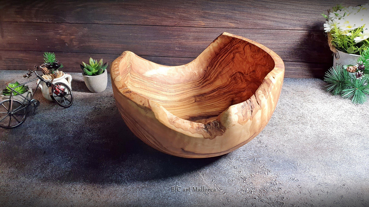 Rustic Olive Wood Salad Bowl, Handmade Live Edge Fruit Bowl