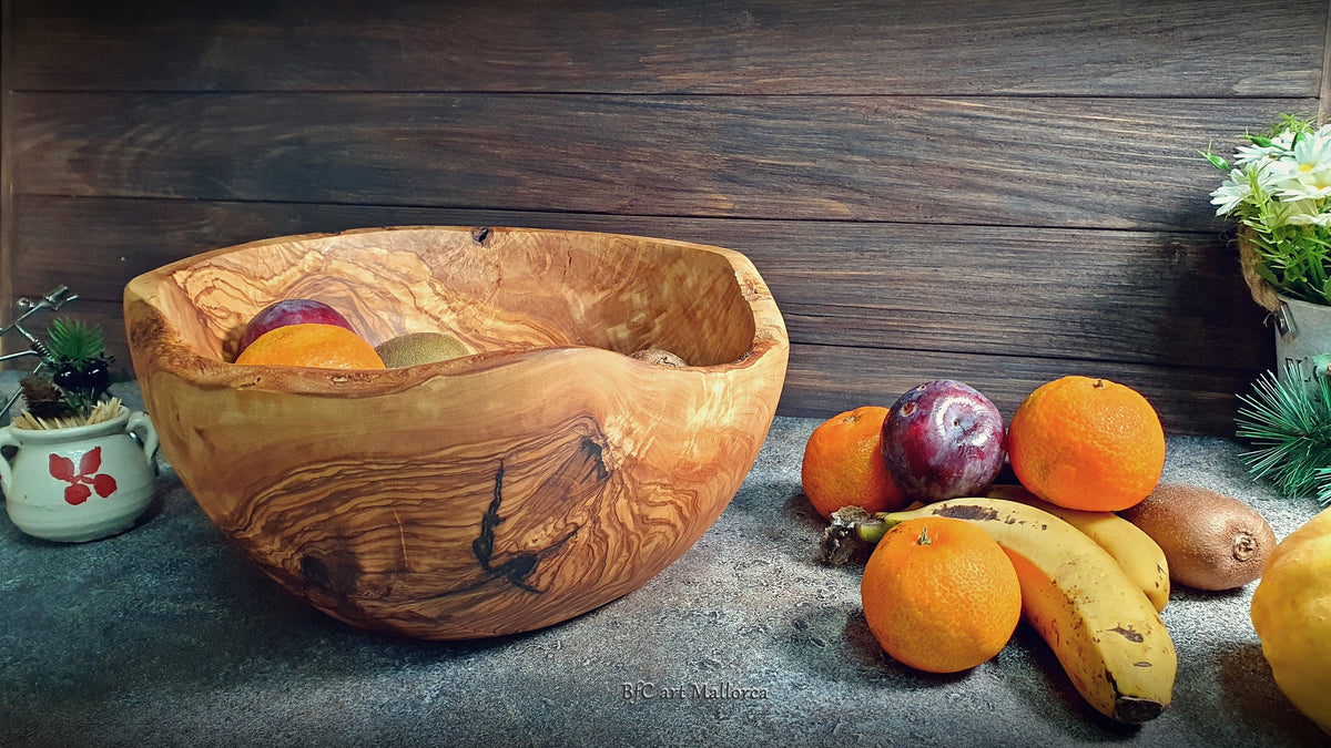 Rustic Olive Wood Salad Bowl, Handmade Live Edge Fruit Bowl