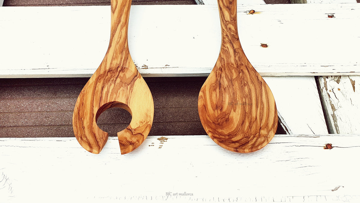Handmade Olive Wood Salad Servers: Curved Spoon & Fork Set
