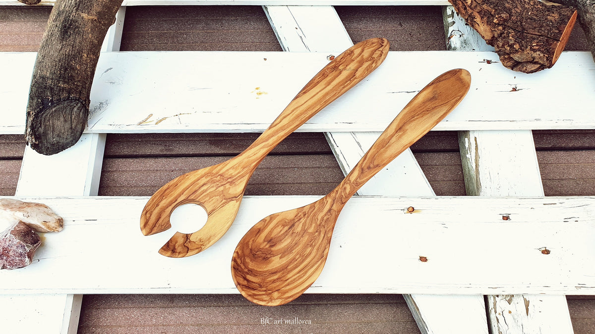 Handmade Olive Wood Salad Servers: Curved Spoon & Fork Set