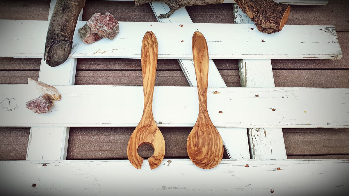 Handmade Olive Wood Salad Servers: Curved Spoon & Fork Set