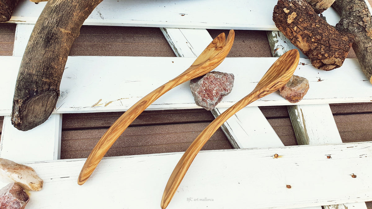 Handmade Olive Wood Salad Servers: Curved Spoon & Fork Set