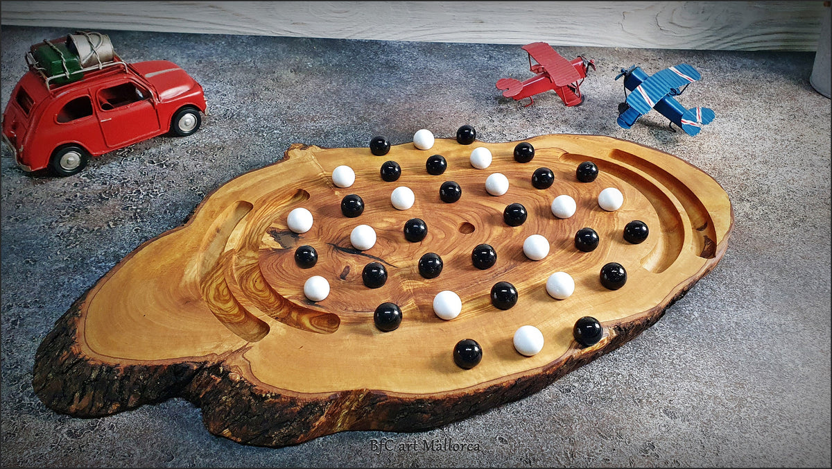 Marble Solitaire Game Board With 36 Glass Balls Handmade Olive Wood customizable, Vintage Classic Solitaire Board Game, Classic Board Game