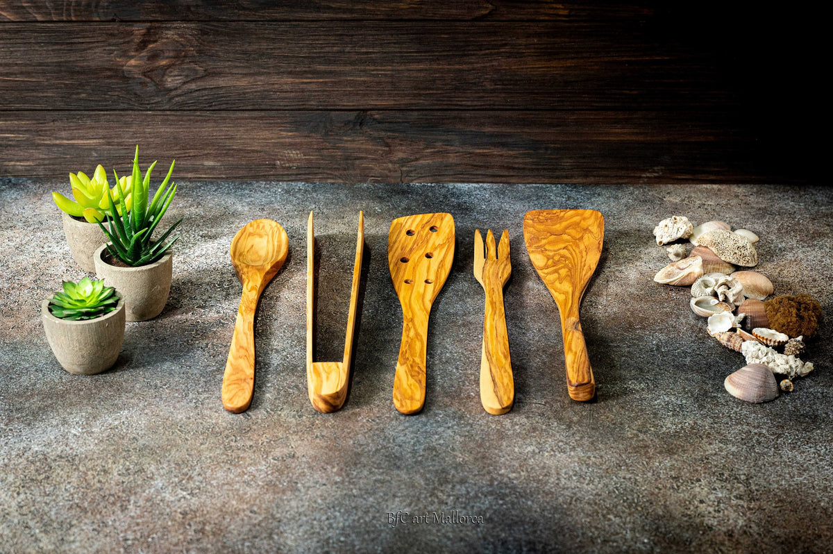 Personalized Olive Wood Kitchen Utensil Set: Handmade Cooking Spoons, Fork, Spatula