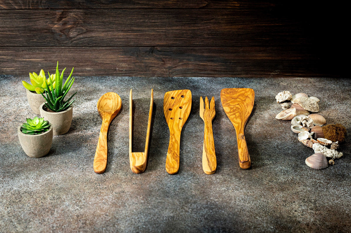 Handmade Olive Wood Utensil Set: 5-Piece Rustic Kitchen Spoons & Tongs