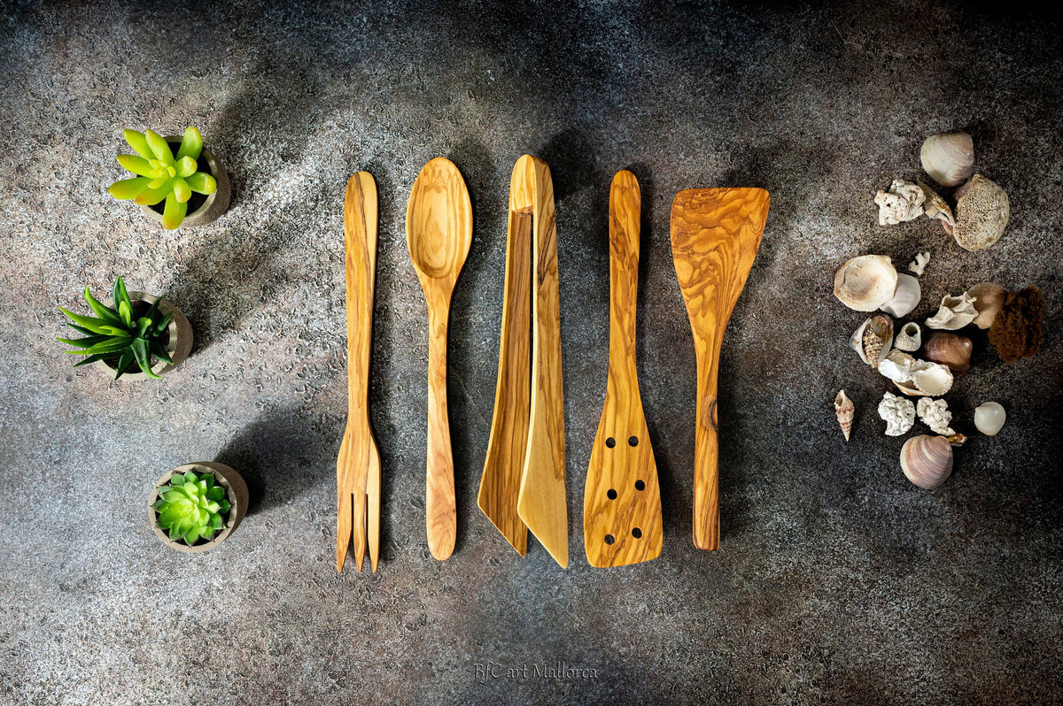 Personalized Olive Wood Kitchen Utensil Set: Handmade Cooking Spoons, Fork, Spatula