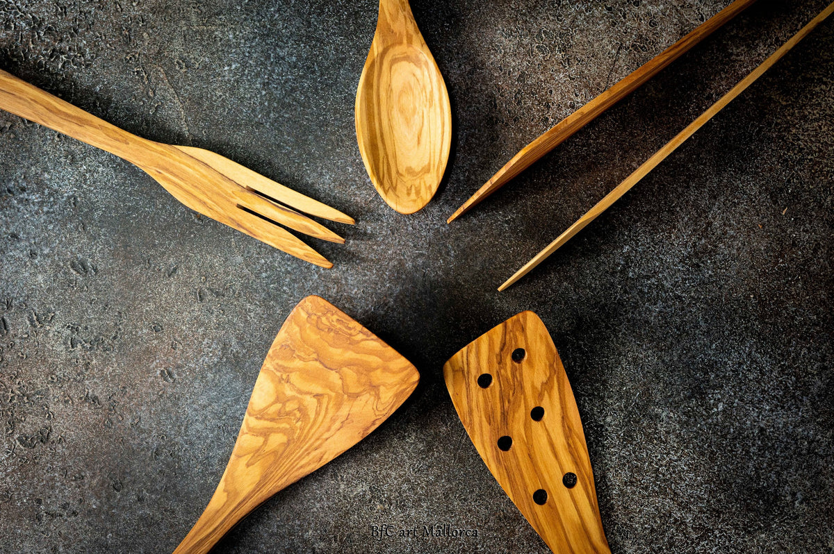 Personalized Olive Wood Kitchen Utensil Set: Handmade Cooking Spoons, Fork, Spatula