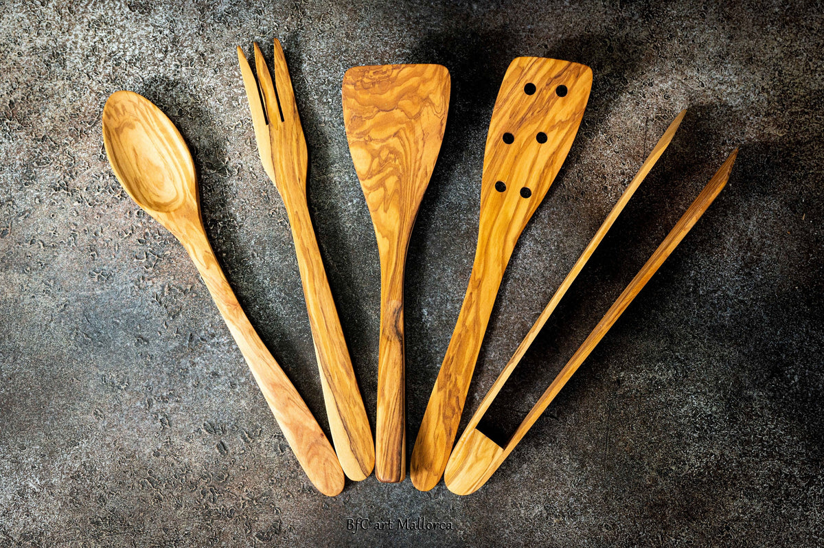 Personalized Olive Wood Kitchen Utensil Set: Handmade Cooking Spoons, Fork, Spatula