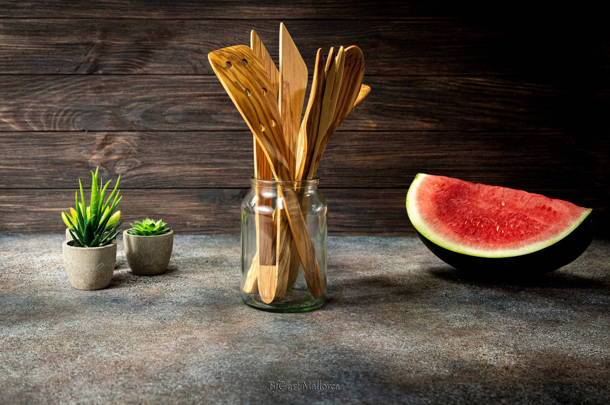 Personalized Olive Wood Kitchen Utensil Set: Handmade Cooking Spoons, Fork, Spatula