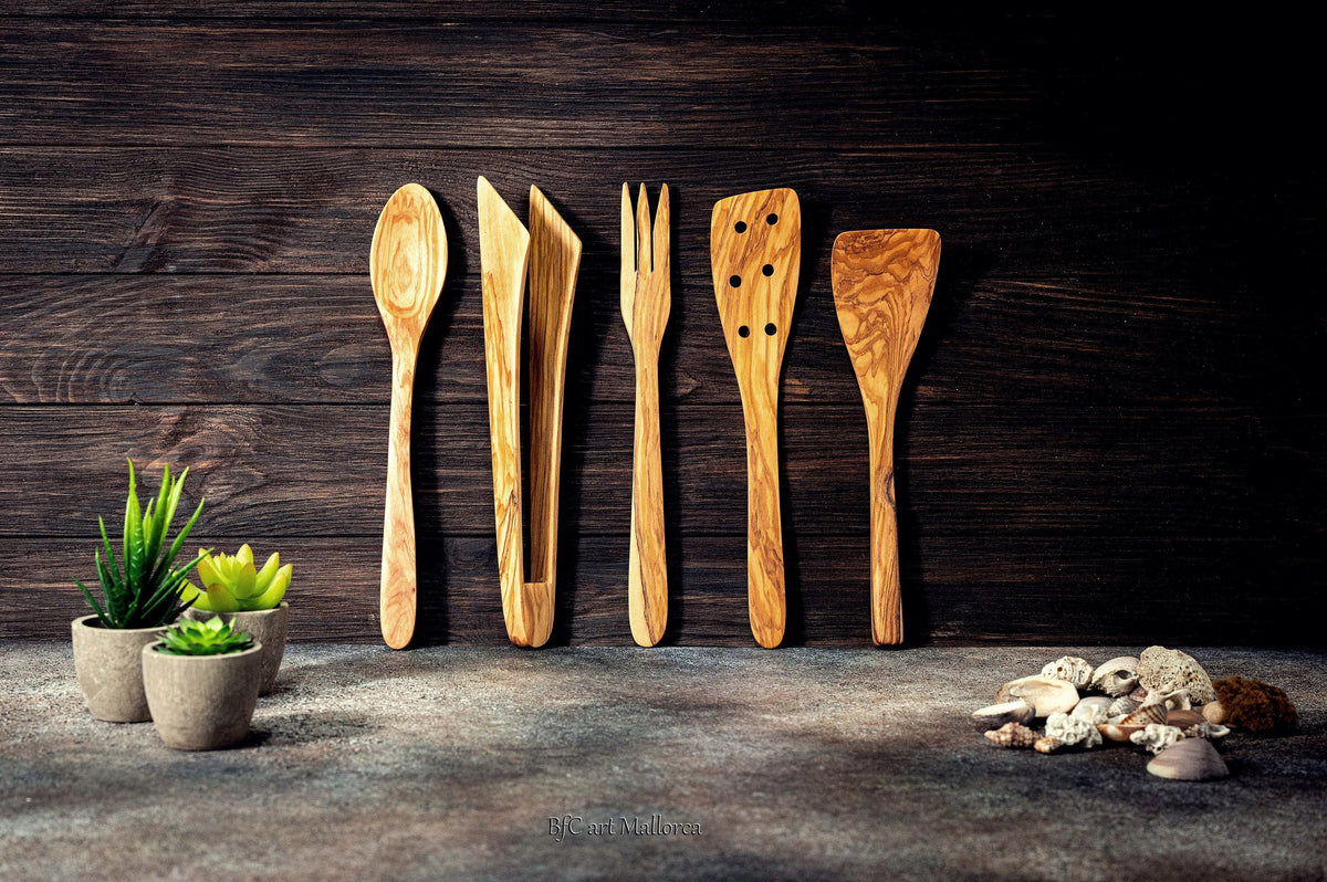Handmade Olive Wood Utensil Set: 5-Piece Rustic Kitchen Spoons & Tongs