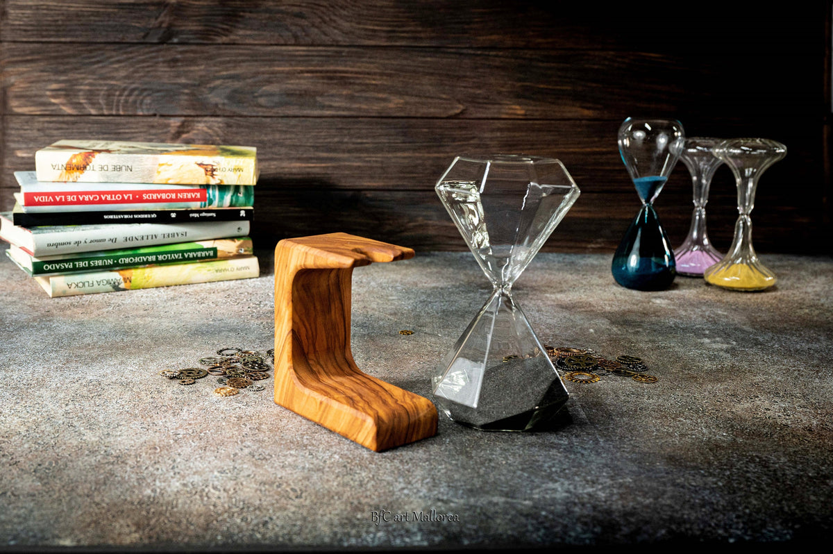 Customizable Hourglass original design with an olive wood support of 15 min, Hourglass sand timer Unique , sand timer art