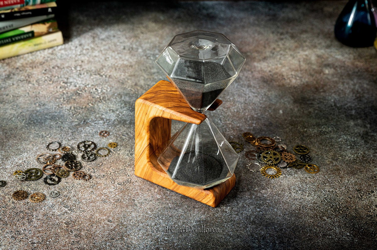 Customizable Hourglass original design with an olive wood support of 15 min, Hourglass sand timer Unique , sand timer art