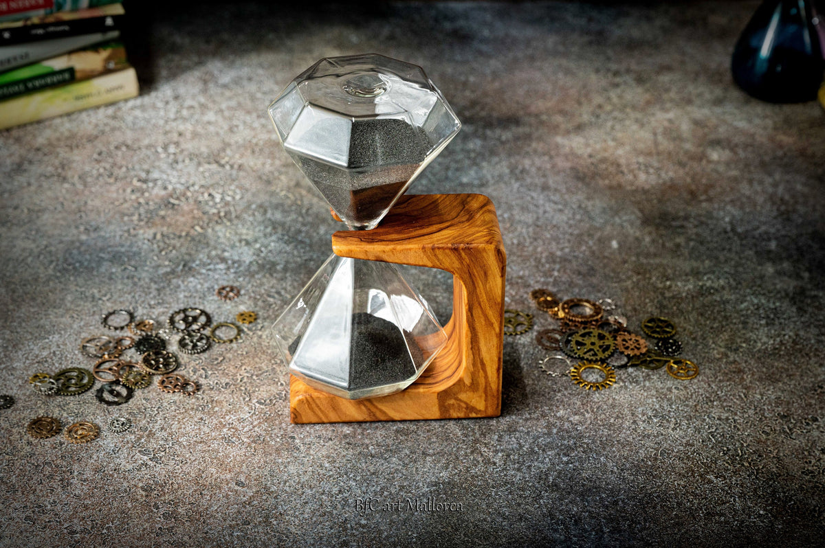 Handmade Olive Wood Stand with Black Sand Hourglass, Customizable 15 Minute Timer