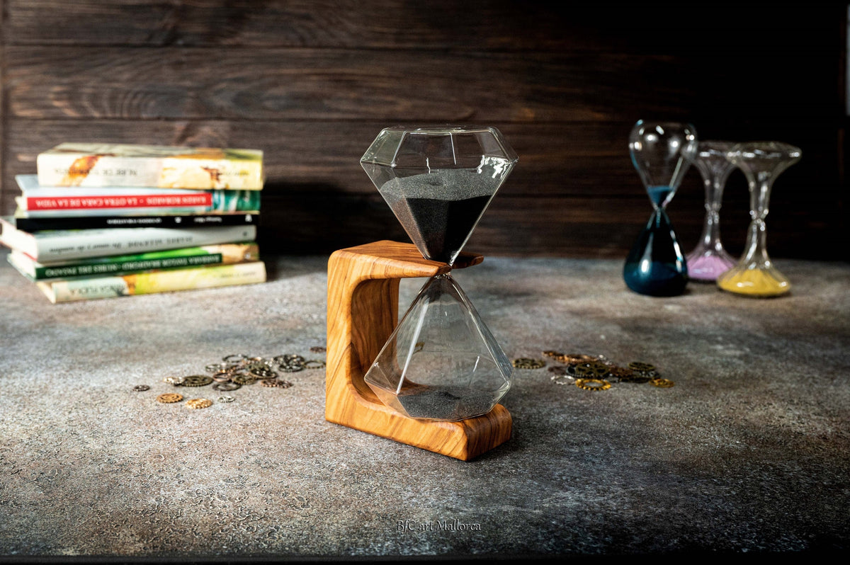 Handmade Olive Wood Stand with Black Sand Hourglass, Customizable 15 Minute Timer