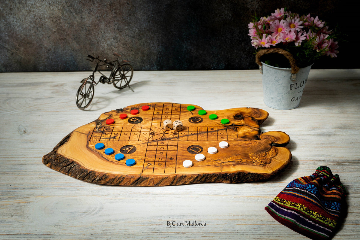 Ludo and Parcheesi strategy Board Game in Olive Wood, Family Board Game, game for kids, Ludo Game Handmade Author Design