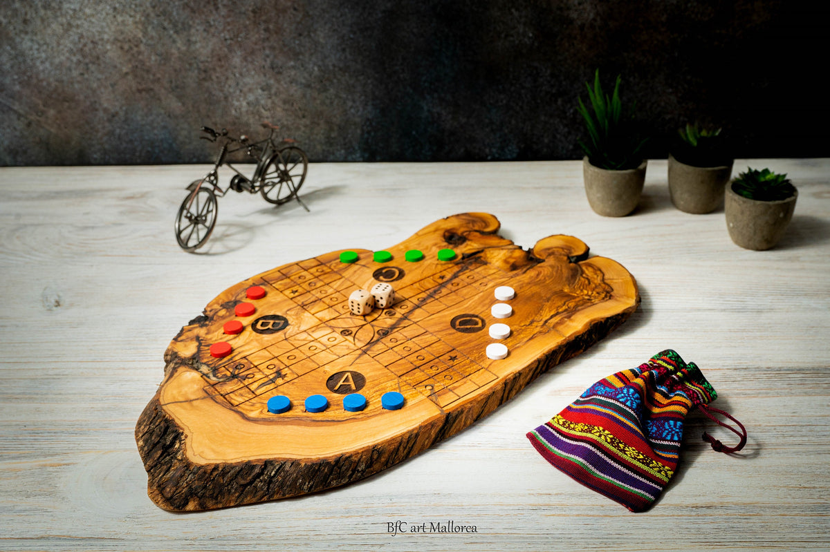 Ludo and Parcheesi strategy Board Game in Olive Wood, Family Board Game, game for kids, Ludo Game Handmade Author Design