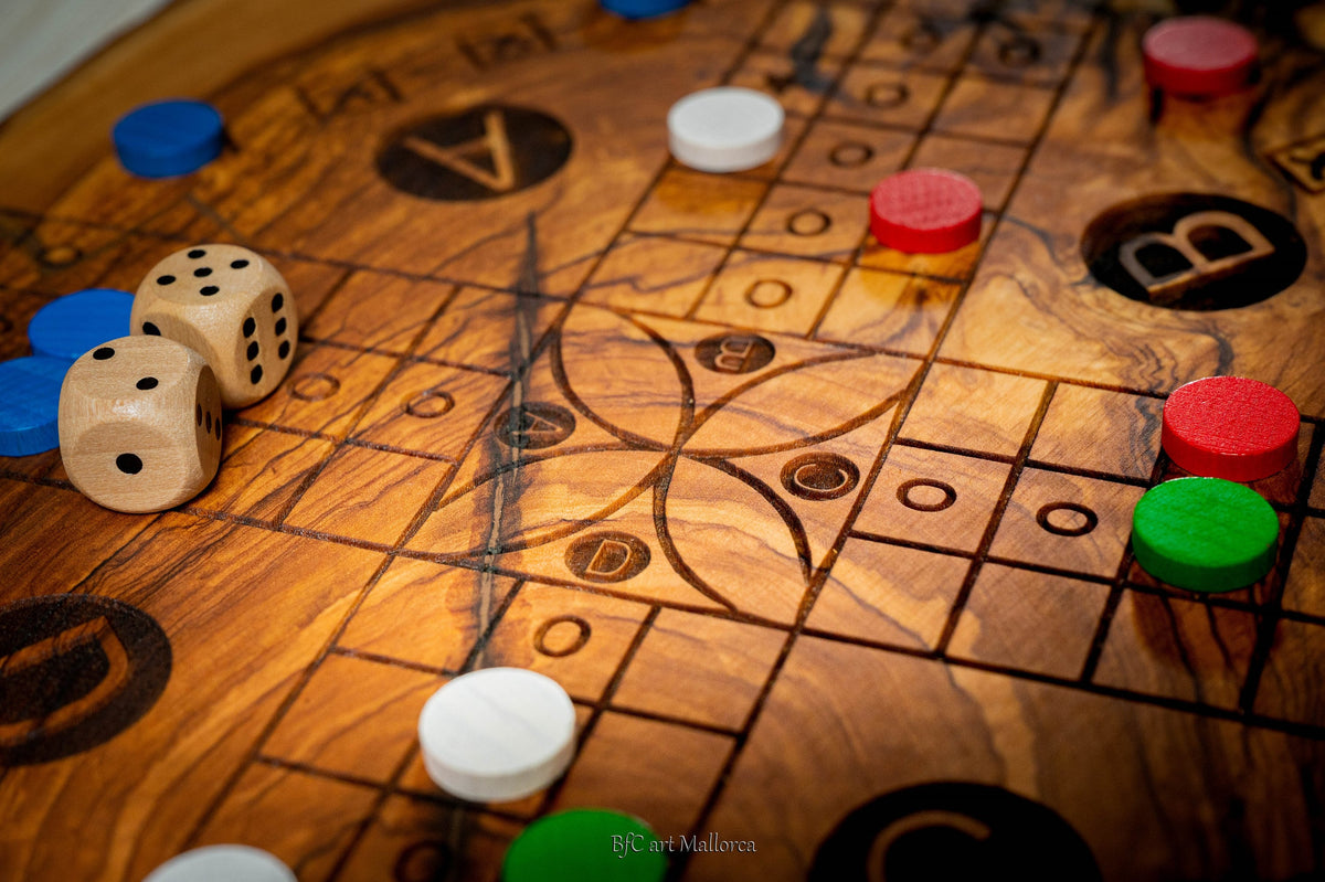 Ludo and Parcheesi strategy Board Game in Olive Wood, Family Board Game, game for kids, Ludo Game Handmade Author Design