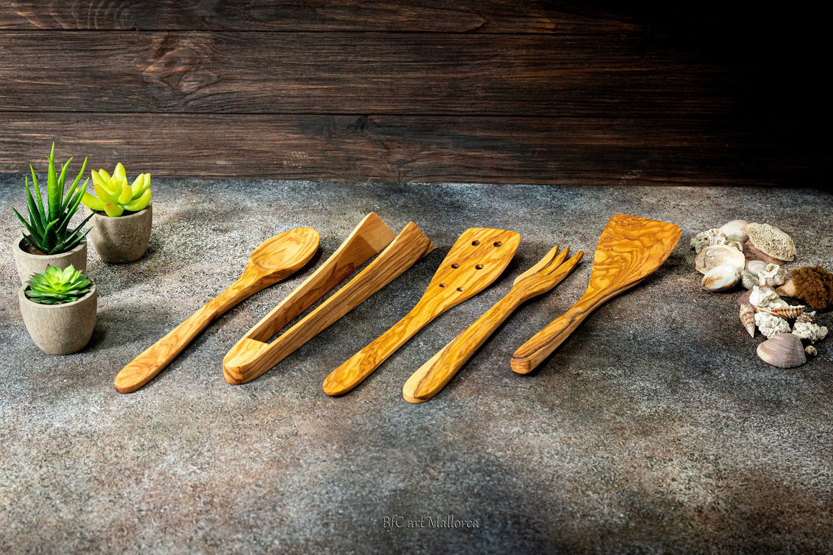 Personalized Olive Wood Kitchen Utensil Set: Handmade Cooking Spoons, Fork, Spatula