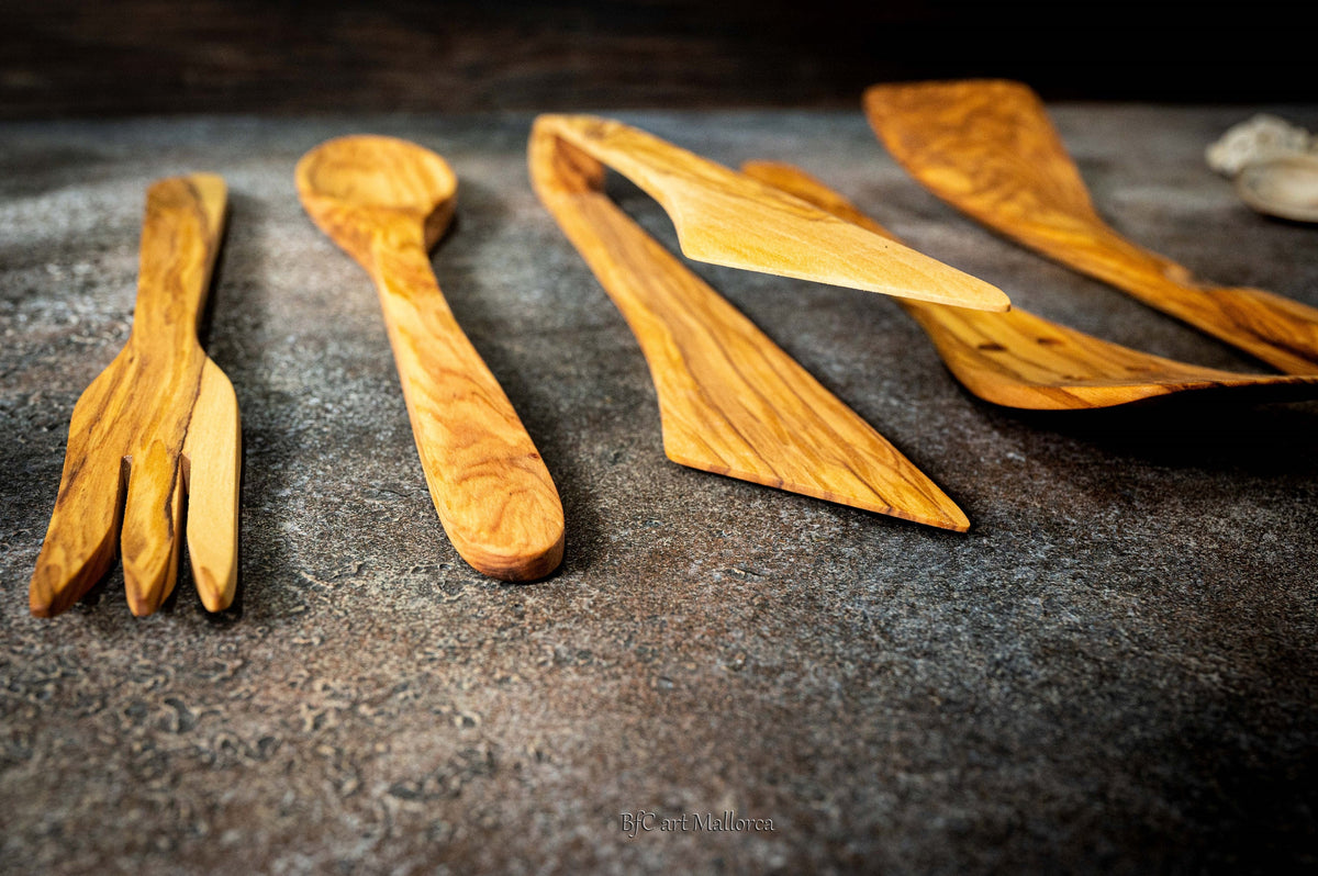 Personalized Olive Wood Kitchen Utensil Set: Handmade Cooking Spoons, Fork, Spatula