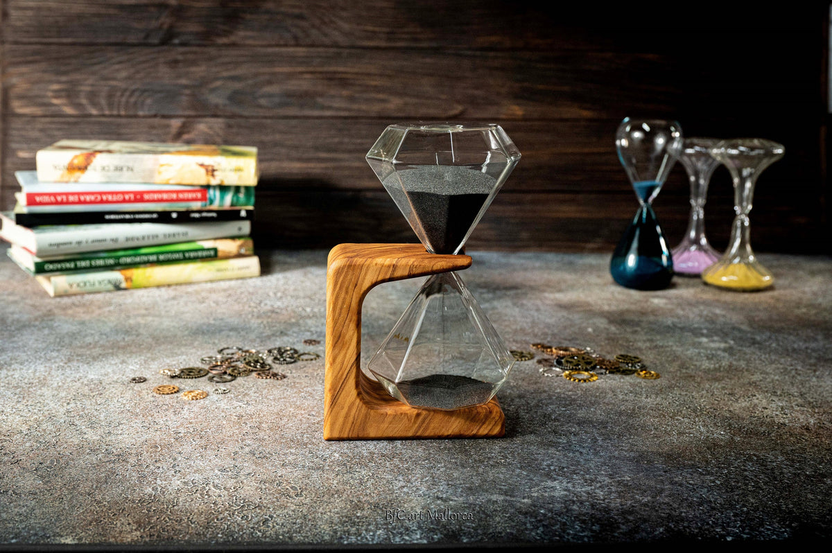 Customizable Hourglass original design with an olive wood support of 15 min, Hourglass sand timer Unique , sand timer art