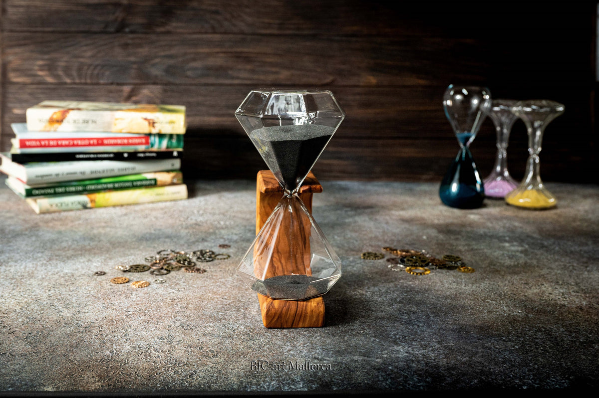 Customizable Hourglass original design with an olive wood support of 15 min, Hourglass sand timer Unique , sand timer art