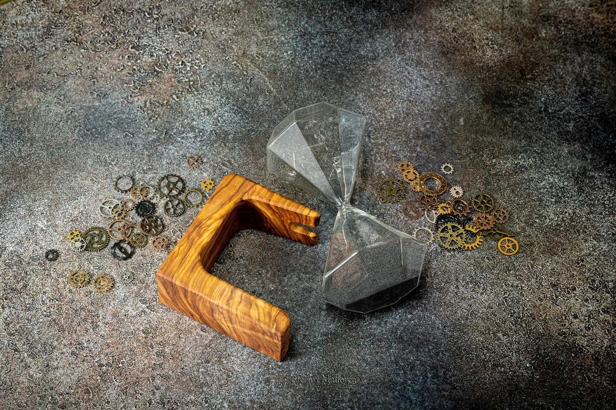 Handmade Olive Wood Stand with Black Sand Hourglass, Customizable 15 Minute Timer