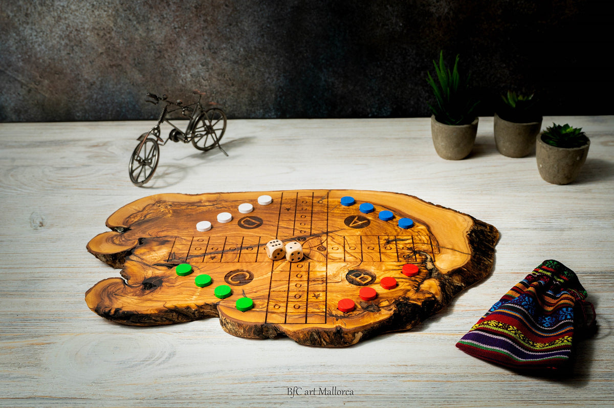 Ludo and Parcheesi strategy Board Game in Olive Wood, Family Board Game, game for kids, Ludo Game Handmade Author Design