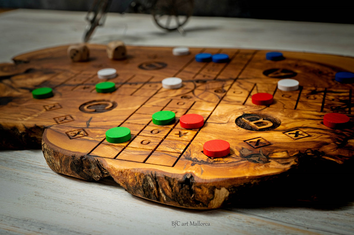 Ludo and Parcheesi strategy Board Game in Olive Wood, Family Board Game, game for kids, Ludo Game Handmade Author Design