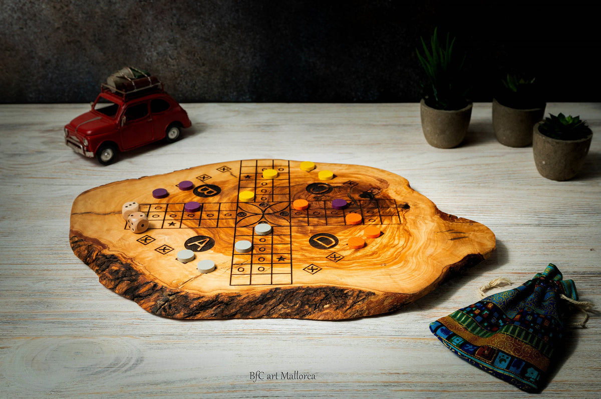 Ludo and Parcheesi strategy Board Game in Olive Wood, Family Board Game, game for kids, Ludo Game Handmade Author Design