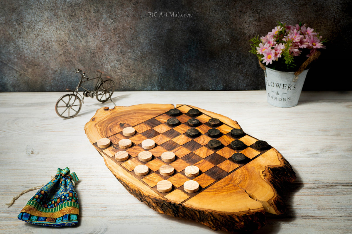 Unique Live Edge Olive Wood Chess Set with Handcrafted Wooden Figures, Rustic Board with Premium Live Edge Design, Elegant Olive Wood Chess