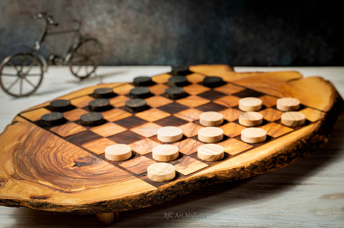 Unique Live Edge Olive Wood Chess Set with Handcrafted Wooden Figures, Rustic Board with Premium Live Edge Design, Elegant Olive Wood Chess