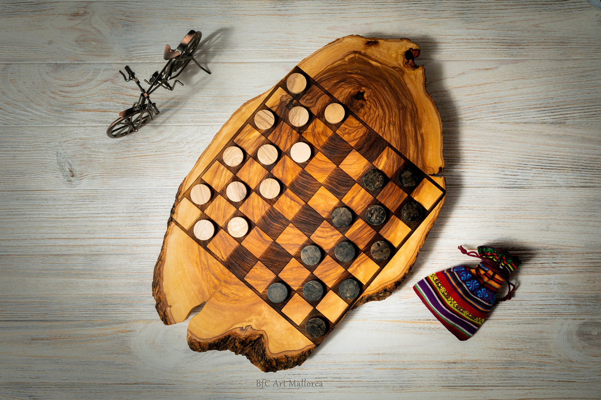 Handmade Checkerboard Live Edge Olive wood, Checkerboard rustic Wooden, Handmade set Checker board and Unique Checker set