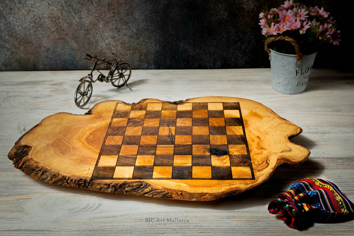 Handmade Checkerboard Live Edge Olive wood, Checkerboard rustic Wooden, Handmade set Checker board and Unique Checker set