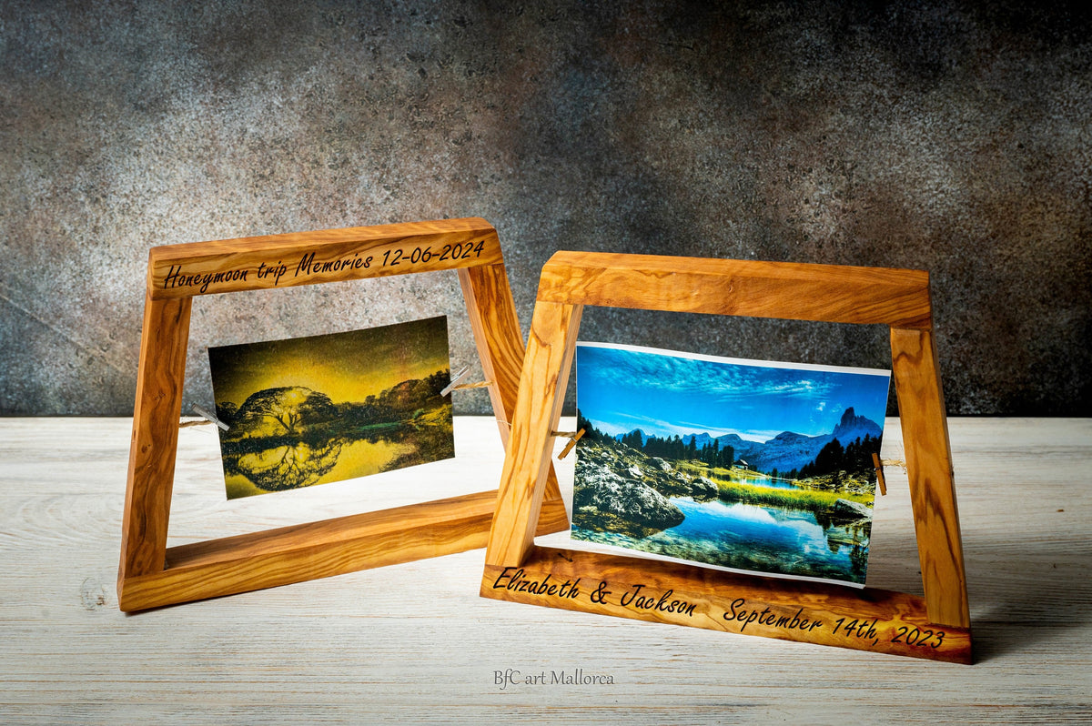 Personalized Olive Wood Photo Frames Set of 2, Rustic Wedding Gift, Anniversary Gift for Couple, Handmade Memory Frames