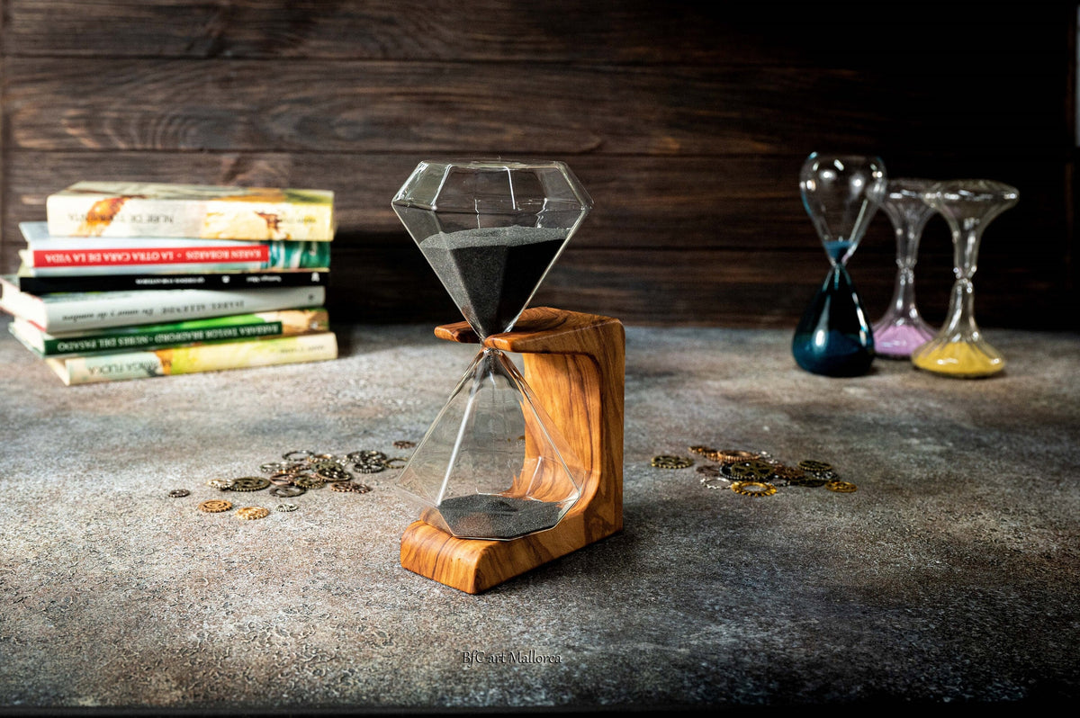 Handmade Olive Wood Stand with Black Sand Hourglass, Customizable 15 Minute Timer
