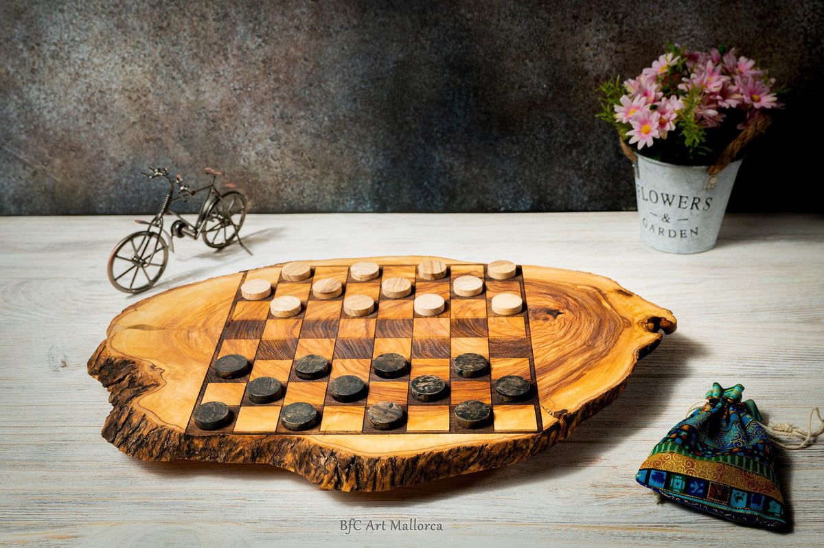 Handmade Checkerboard Live Edge Olive wood, Checkerboard rustic Wooden, Handmade set Checker board and Unique Checker set