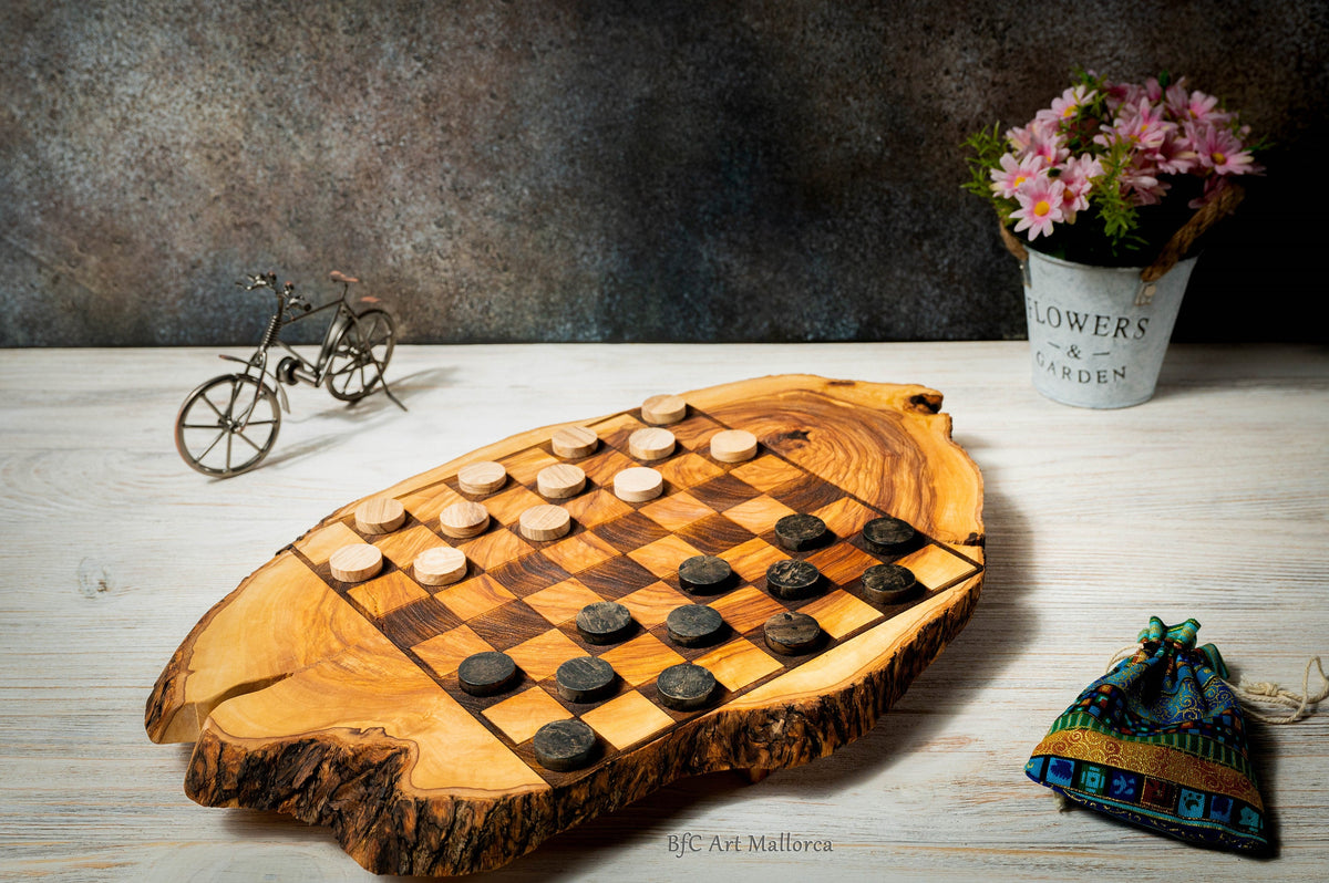 Unique Live Edge Olive Wood Chess Set with Handcrafted Wooden Figures, Rustic Board with Premium Live Edge Design, Elegant Olive Wood Chess
